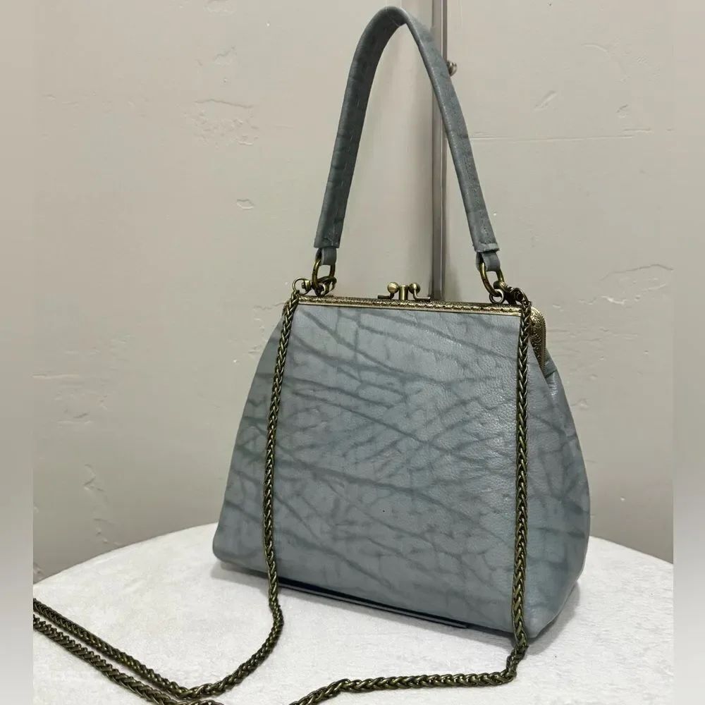 Embossed Cowhide Handsewn Retro Style Double Kiss-lock Shoulder Bag/Crossbody